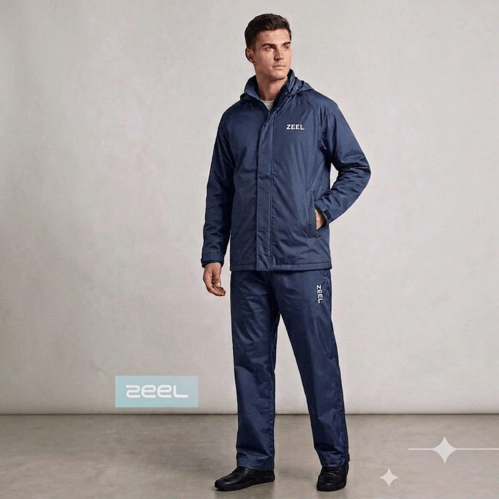 City Center Zeel ZE101 navy blue waterproof rain suit with jacket and pants, featuring a storm flap and hood.