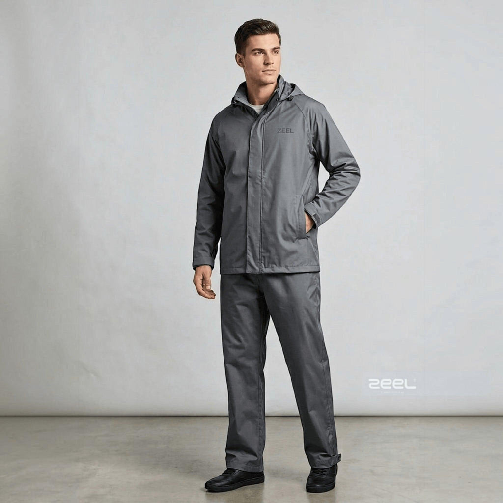 City Center Zeel Raincoat ZE101 grey PVC-coated polyester waterproof rain suit with hood on a male model