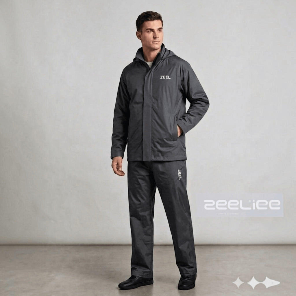 City Center Zeel Raincoat ZE101 two-piece set in dark grey PVC-coated polyester with adjustable hood and storm flap