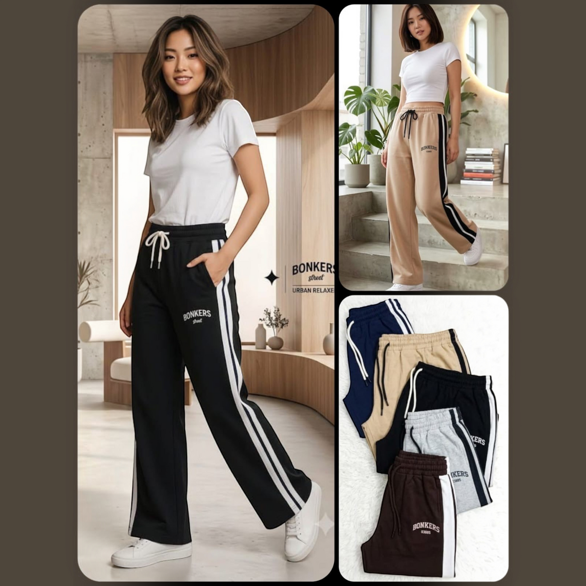 City Center women's wide-leg track pants with side stripes, drawstring waist, and pockets in various neutral colours.