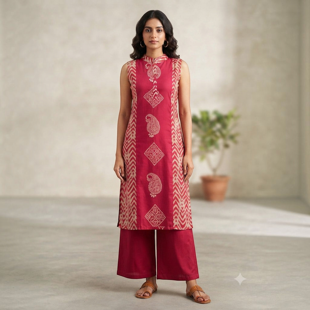City Center women's maroon sleeveless kurta and wide-leg trousers co-ord set with traditional paisley print